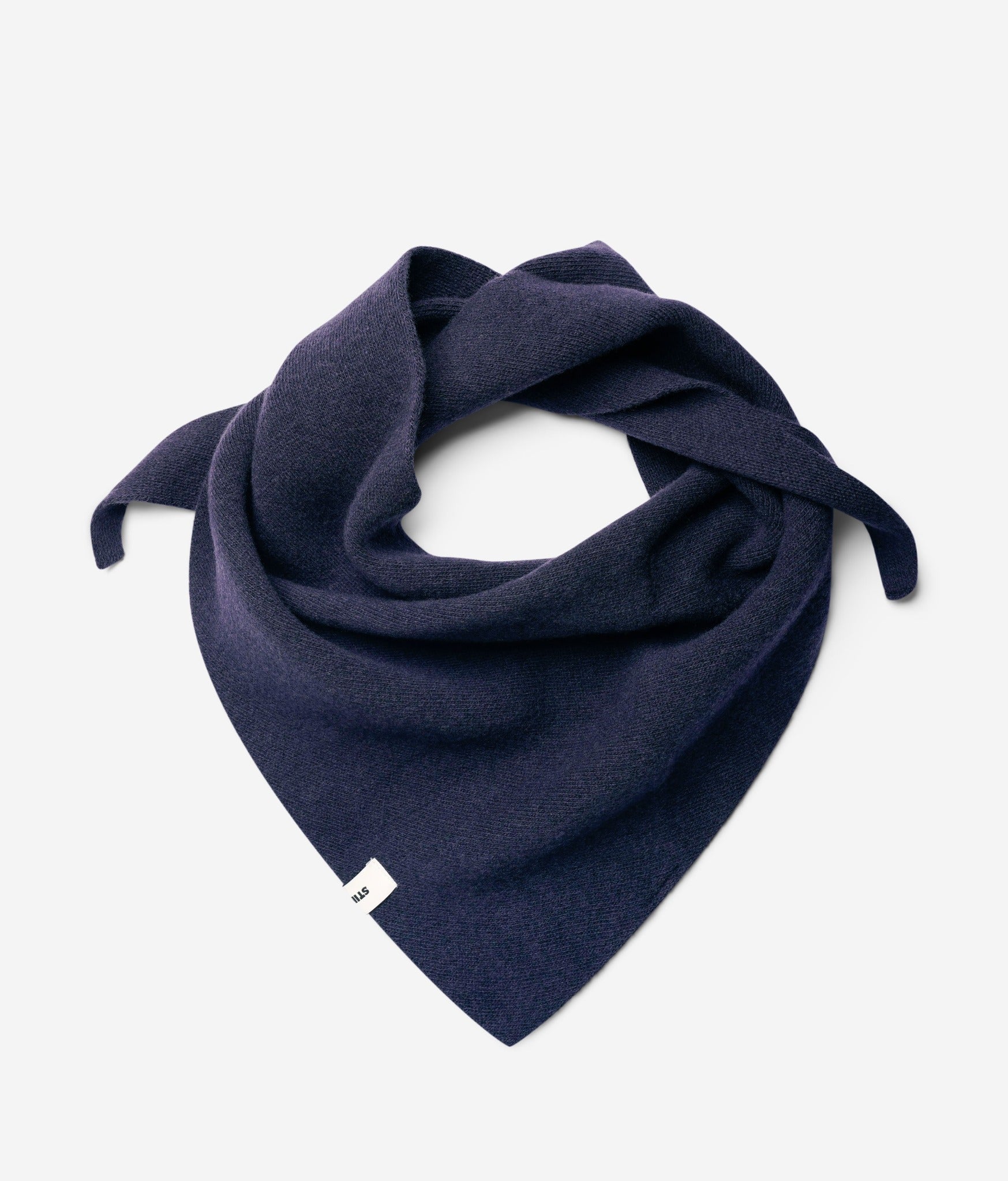 Navy superfine merino wool triangle scarf, styled folded view
