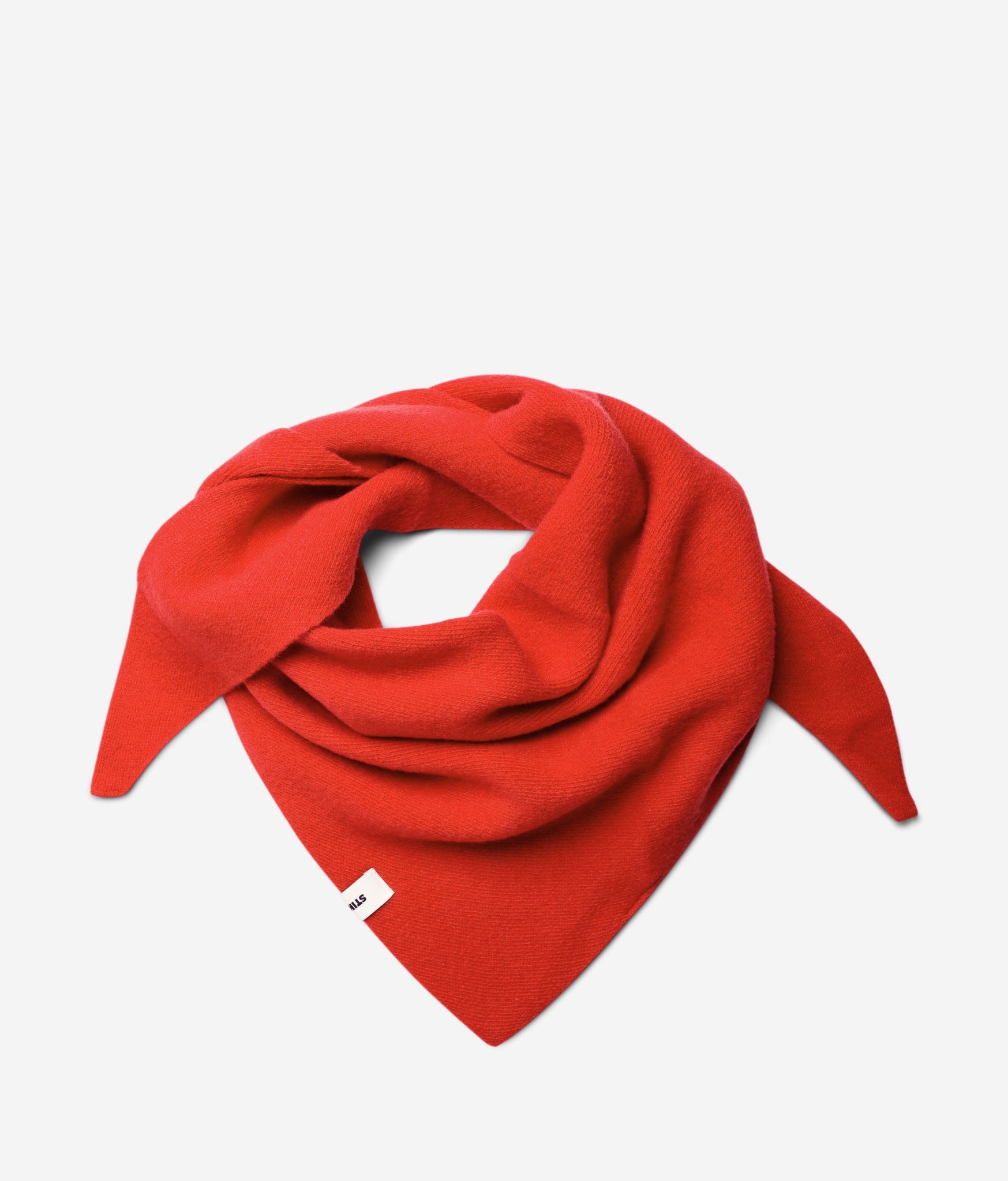 Orange superfine merino wool triangle scarf, styled folded view