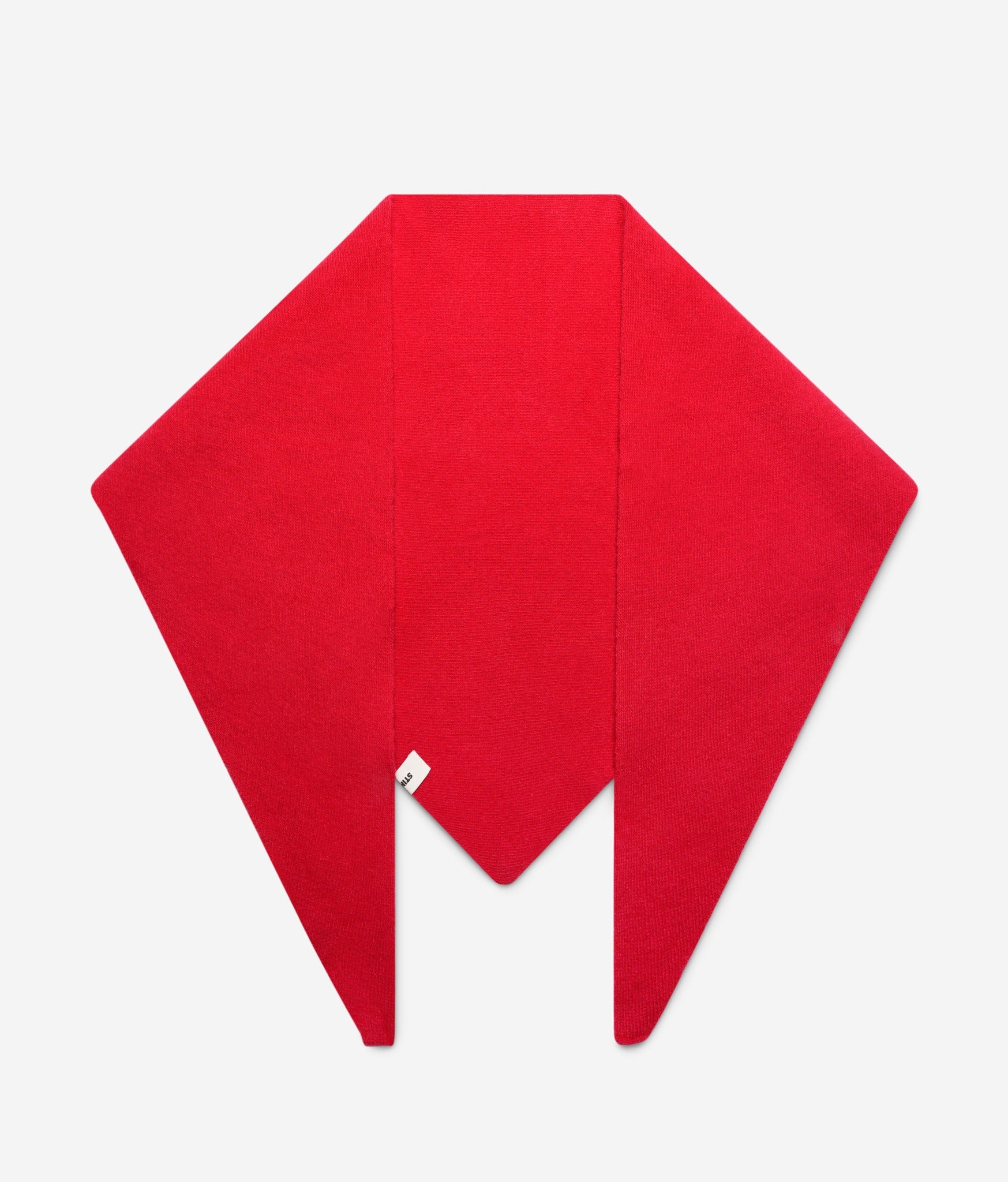 Red superfine merino wool triangle scarf laid flat showing triangular shape