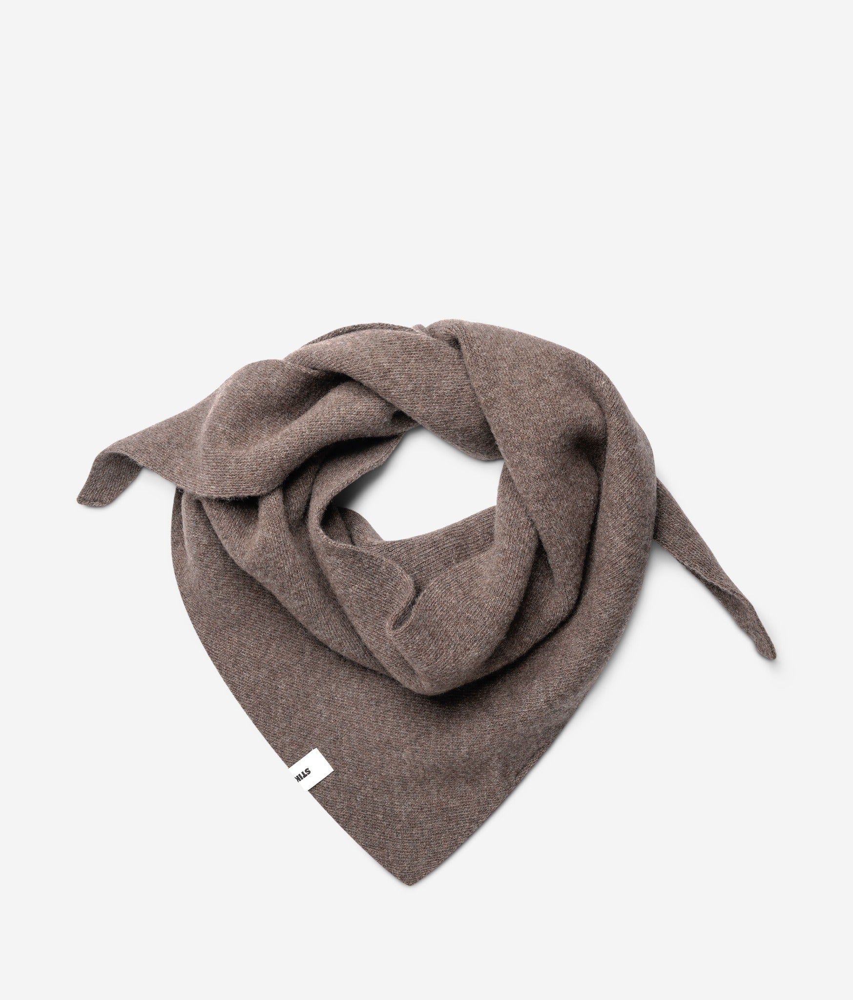 Taupe superfine merino wool triangle scarf, styled folded view